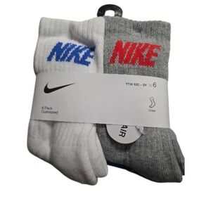 Nike Youth Kids Crew Socks 6 Pk Cushioned Athletic Sz 10C 3Y White Grey Red Blue